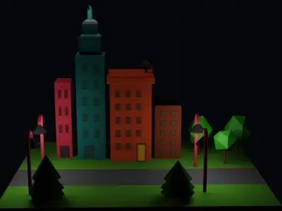 low poly street city with buildings and lights Free 3D model