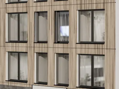 Modern residential facade 03 at night with simple interiors 3D model