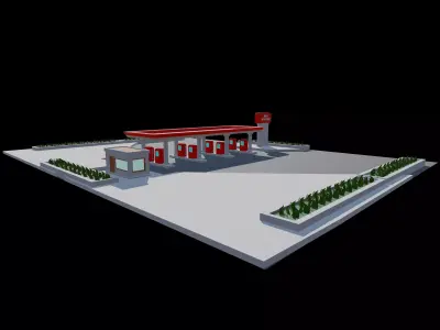 Stylized Gas Station Environment with Fuel Pumps and Canopy Low-poly 3D model