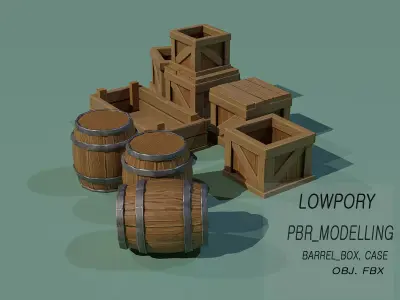  stylized  box and an oak barrel Low-poly 3D model