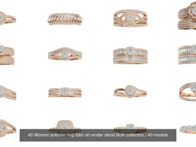 40 Women solitaire ring 3dm stl render detail Bulk collection 3D Model Pack