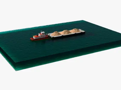  Push Boat Ship with Pontoon Barge with Sand on Water 