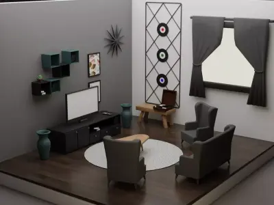 Cartoon Style Living Room Low-poly 3D model
