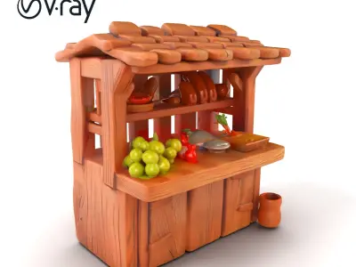 Rustic Wooden Market Stall with Produce model pack Low-poly 3D model