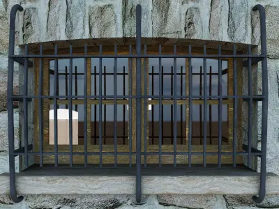 Arched Wooden Window and Railing 3D model