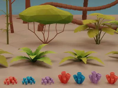 Low Poly Tropical Nature - Palm trees grass plants and rocks Low-poly 3D model