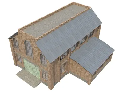Warehouse 3 brick building with metal roof Low-poly 3D model