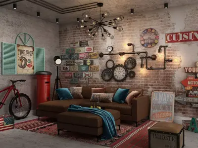 Industrial Loft Style Living Room Wall Decor Hanging 3D Model Low-poly 3D model