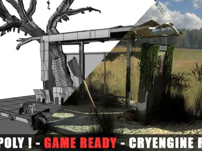 Apocalyptic Bus Stop Low-poly 3D model