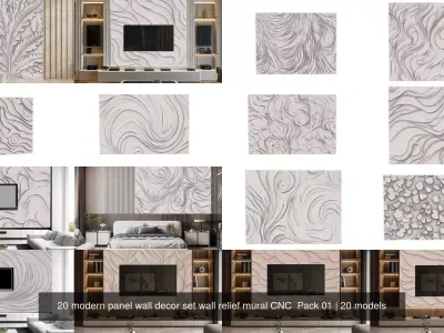 20 modern panel wall decor set wall relief mural CNC  Pack 01