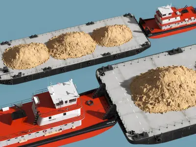  Push Boat Ship and Cargo Barge with Sand 