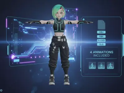 Anime-Style Sci-Fi Female Character with Animations Low-poly 3D model