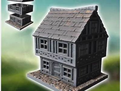 Two-story medieval house with timber framing small windows and c 3D print model
