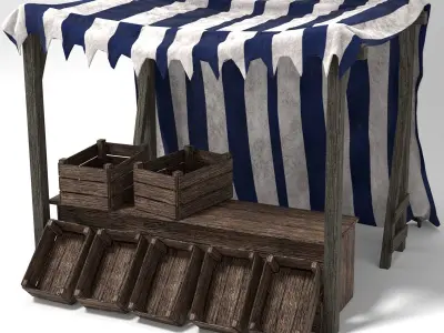 Medieval Market Stall Tent Blue and White 3D Model with Crates Low-poly 3D model