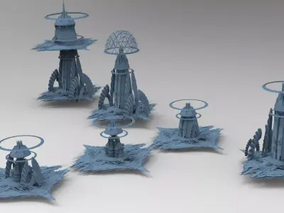 Cyberpunk Media Towers 4 versions Low-poly 3D model