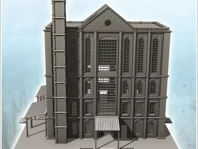Large multi-storey brick factory on platforms with canopies and  3D print model