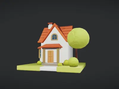 Low-poly cartoon house with trees 3D model