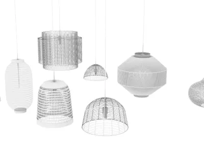 Woven Rattan Pendant Lamps and Chinese Lantern  3D model