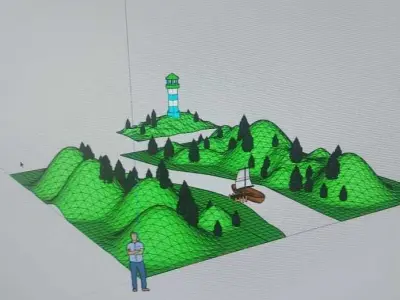an island with a boat and a lighthouse 3D model