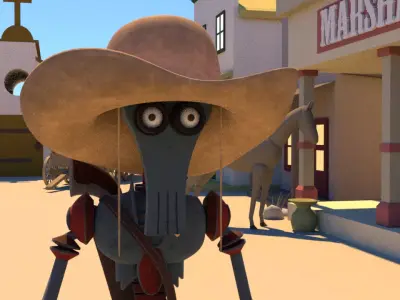 Robot cartoon character wearing cowboy hat Low-poly 3D model