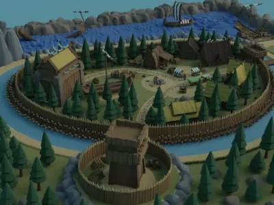 Cartoon Polygonal Viking Castle Low-poly 3D model