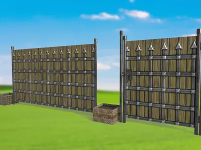 Fence with a gate made of wood and weaving PBR  3D Model Pack