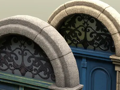 Entrance Double Door with frame glass window metal ornament Low-poly 3D model