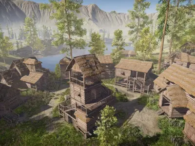 Modular Log Cabins Low-poly 3D model