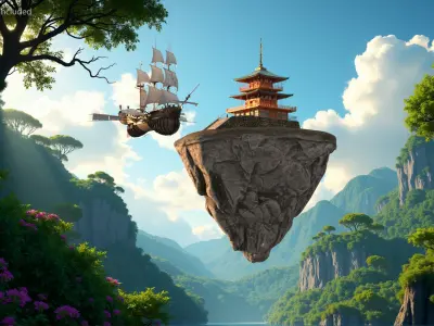  Flying Ship with Floating Island and Pagoda 