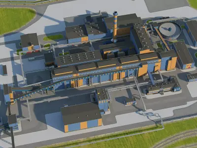 Factory site of nuclear power plant Low-poly 3D model
