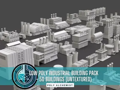 Low Poly Industrial Building Pack Of 50 -Game Ready -Untextured Low-poly 3D model