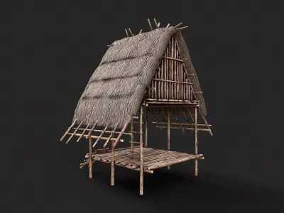 Primitive Wooden Shelter with Thatch Roof 1  Low-poly 3D model