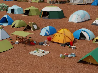Camping Tent Pack Variety Low Poly Military Glamping Tents Low-poly 3D model