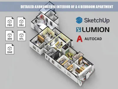 Detailed Axonometric Interior of a 4 bedroom apartment 3D model