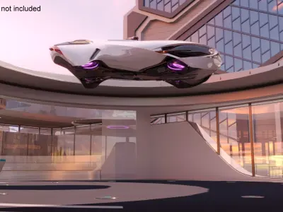  Air Port with Landing Pad and Futuristic Urban Flying Car Rigged 