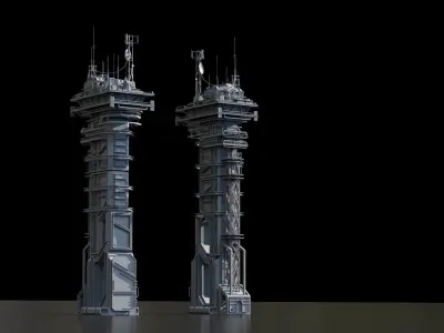 Scifi buildings radiotower skyscraper Low-poly 3D model