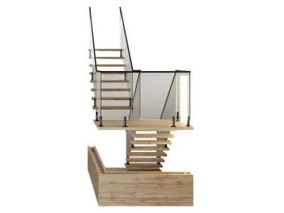Wooden staircase with glass railing 3D model