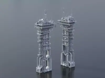 Scifi buildings radiotower skyscraper Low-poly 3D model