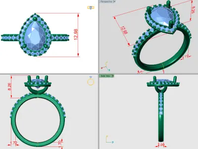 Pear shape halo ring with pave setting along the shank 3D print model