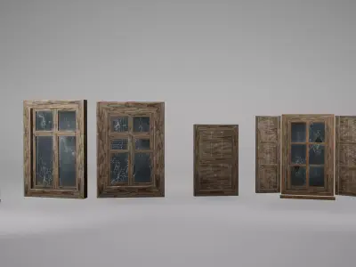 Window Set Low Poly Game Ready wooden door Low-poly 3D model