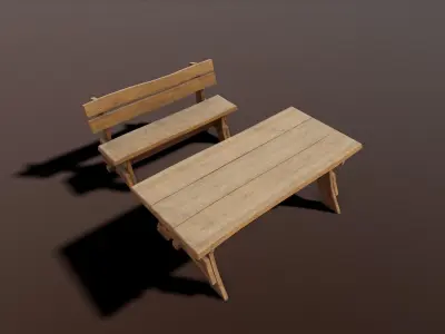 Outdoor table and bench low poly Low-poly 3D model
