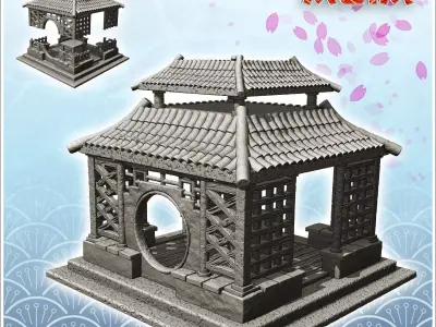 Oriental altar with round openings and curved double roof 2 - As 3D print model