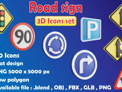 Road sign or Traffic sign 3D icon flat design collection no 1 Low-poly 3D model