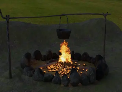 Bonfire with a rusty charred bowl 3D model