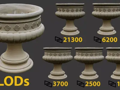 large flower pot 5 lods Low-poly 3D model