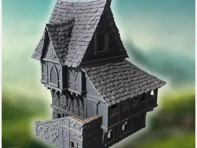 Large medieval house with steep roofs timber framing and stone w 3D print model