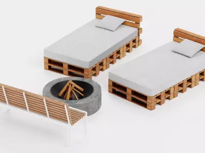 Garden Setup V6 - Pallet Loungers with Bench and Fire Pit 3D model