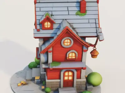 Cute Cartoon House 3D Red Wooden Cottage Game Low-poly 3D model