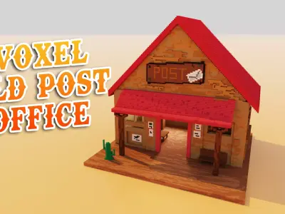 Voxel Wild West Post Office with a cactus and furniture Low-poly 3D model