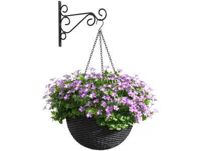 Hanging basket flowerpot rattan pot with flowers 3D model